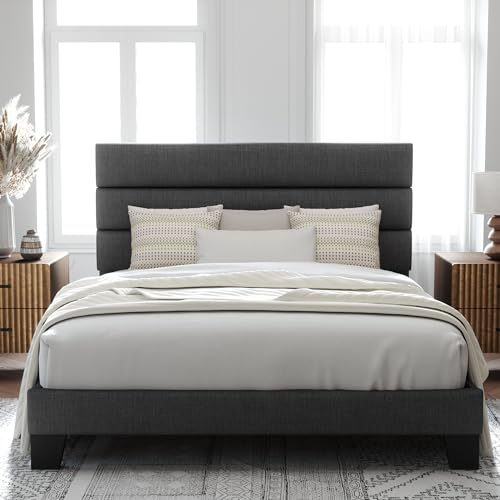Allewie Queen Size Platform Bed Frame with Fabric Upholstered Headboard and Wooden Slats Support, Fully Upholstered Mattress Foundation/No Box Spring Needed/Easy Assembly, Dark Grey