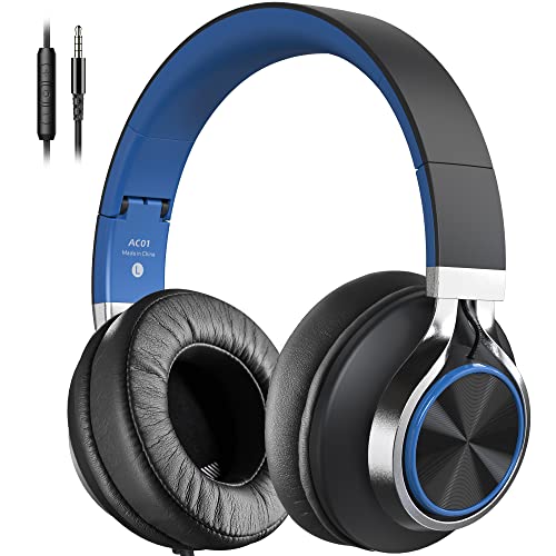 COOSII AC01 Over-Ear Headphones Wired, Noise Isolating Corded Stereo Headsets with Microphone Volume Control for Adults Teens 3.5mm for Chromebooks, Laptop, Computer, Tablets, Travel (Black Blue)