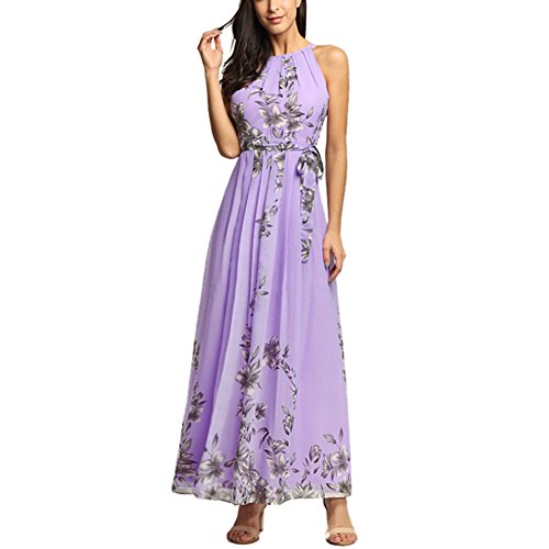 Afoxsos Women Floral Print Plus Size Maxi Dress Bohemia Halter Neck Chiffon Casual Dress