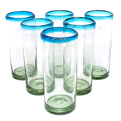 MexHandcraft Aqua Blue Rim 15 oz Highball Glasses (set of 6), Recycled Glass, Lead-free, Toxin-Free (Highball)