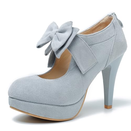 Women's Bow Mary Jane High Heels Closed Toe Platform Vintage Dress Pumps Grey Label Size 46 - US 12.5