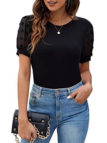 Blooming Jelly Womens Short Sleeve Blouse Business Casual Dressy Tops Ribbed Summer Stylish Work Shirts(Small, Black)