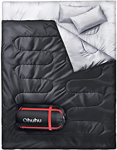 Ohuhu Double Sleeping Bag with 2 Pillows, Waterproof Lightweight 2 Person Adults Sleeping Bag for Camping, Backpacking, Hiking, with Carrying Bag (Black)