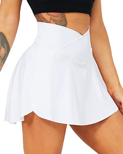 TZLDN Women's Tennis Skirt with Shorts Pockets Crossover High Waisted Workout Athletic Golf Skorts Skirts White - Medium