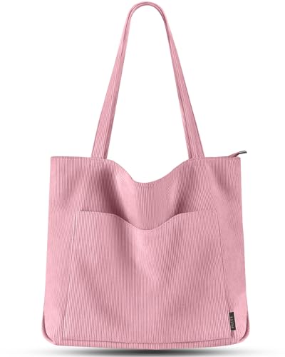 Prite Corduroy Tote Bag for Women Large Shoulder Bag with Zipper and Pockets for College Work Travel Shopping(Pink)