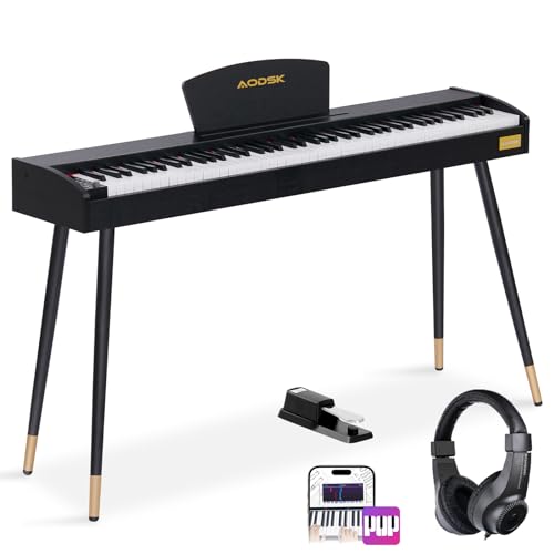 AODSK Beginner Digital Piano 88 Key Keyboard,Full-size Electric Piano for Beginners,with Sheet Music Stand,Pedal,Power Adapter,Headphone Mode,USB-MIDI,Piano Lessons,Black,-Comes with headphones