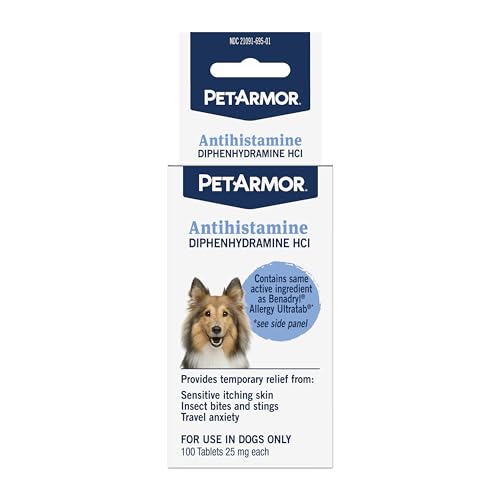 PetArmor Antihistamine Allergy Relief for Dogs, Easy-to-Use Allergy Medicine for Dogs, Anti-Itch Medicine Provides Relief from Insect Bites, and Stings, 100 Tablets