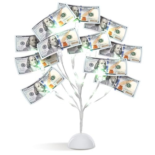 MEIN SCHATZ Money Tree Gift Card Holder with 10 Clips & LED Lighted Tips - White Money Tree Gift Holder for Cash - Ideal Present for Wedding, Birthday, Easter & Christmas - Photo & Gift Card Tree