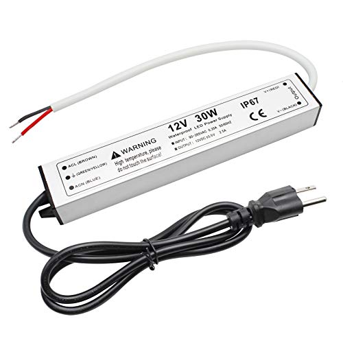 30W 12 Volt LED Power Supply, Waterproof IP67 LED Driver, 110V AC to 12V DC Converter, LED Transformer Low Voltage Output with 3-Prong Plug 3.3 Feet Cable for LED Light Strip, 2.5Amp