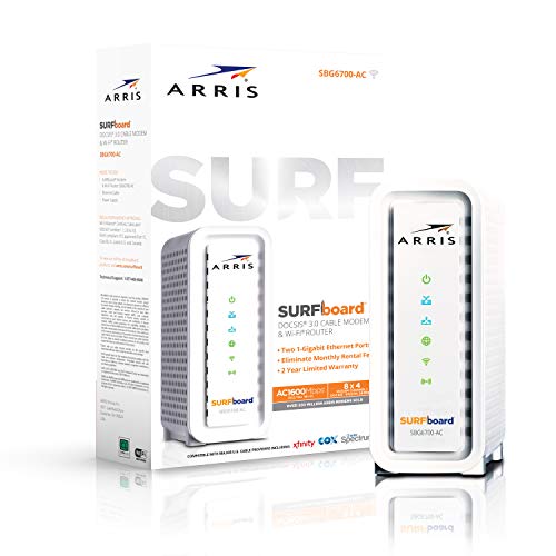 ARRIS Surfboard (8x4) Docsis 3.0 Cable Modem Plus AC1600 Dual Band Wi-Fi Router, Certified for Comcast Xfinity, Spectrum, Cox & More (SBG6700AC), White, Max Download Speed: 343 Mbps