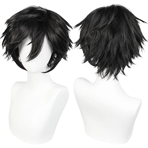 Anogol Hair Cap + Short Black Men's Cosplay Wig for Halloween Christmas Event Costume Party Short Black Men Costume Wig for Men Women Anime Cosplay