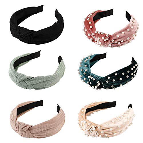 LOVNFC Womens Headbands, 6Pcs Knotted Head Bands No Slip Fashion for Girls Wide Top Knot Turban Velvet Hair Hoops
