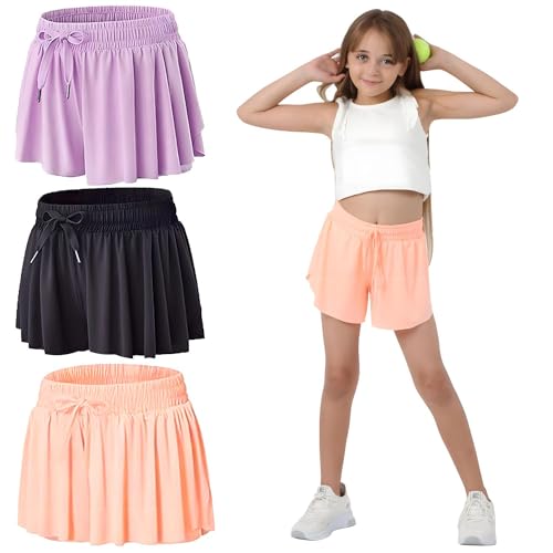 MODERN ASIR 3 Pack Girls Flowy Shorts with Spandex Liner 2-in-1 Youth Butterfly Skirts for Fitness, Running, Sports(PRPUL7-8years)