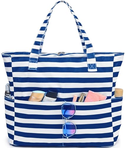 LEDAOU Large Beach Tote Bag Women Waterproof Sandproof Zipper for Pool Gym Grocery Travel with Wet Pocket (Blue White Stripe)