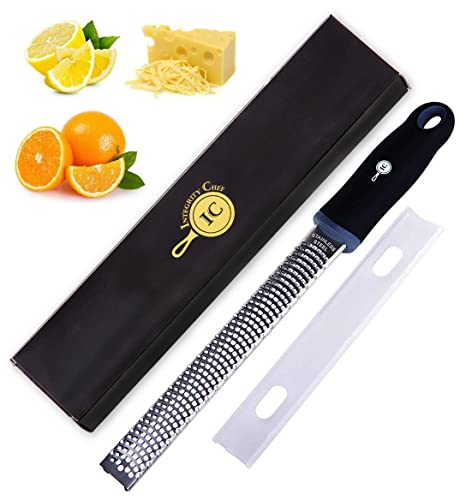 Integrity Chef PRO Citrus Zester and Cheese Grater - Premium Non-Slip Grip Handle, Dishwasher Safe Lemon Zester - Parmesan, Garlic, Nutmeg, Chocolate, Ginger Grater - Stainless Steel Grater (13.2')