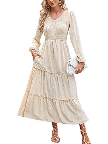 ZAFUL Womens Long Sleeve Dress with Pockets Smocked High Waist Ruffle Tiered Boho Swiss Dot Casual Dress Beige