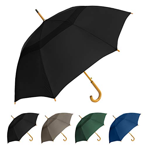 STROMBERGBRAND UMBRELLAS The Vented Urban Brolly 48' Arc Automatic Open Large Windproof Classic Umbrella with Wooden J Handle, Vintage Style Lightweight Long Curved Handle Umbrella for Rain - Black
