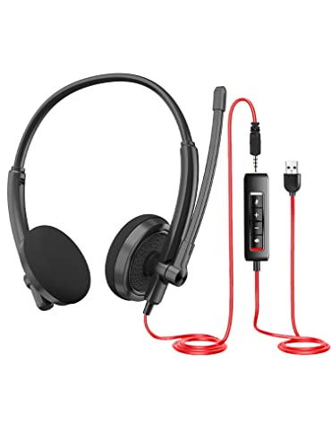 HROEENOI Premium USB Wired Headset with Noise-Cancelling Microphone, Ideal for PC, Laptop, Zoom Calls, Skype Meetings, Call Centers, and Home Office Use with In-Line Controls for Volume & Mic Mute