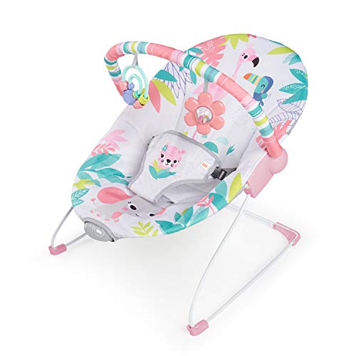 Bright Starts Baby Bouncer Soothing Vibrations Infant Seat - Removable-Toy Bar, Nonslip Feet, 0-6 Months Up to 20 lbs (Flamingo Vibes, Pink)