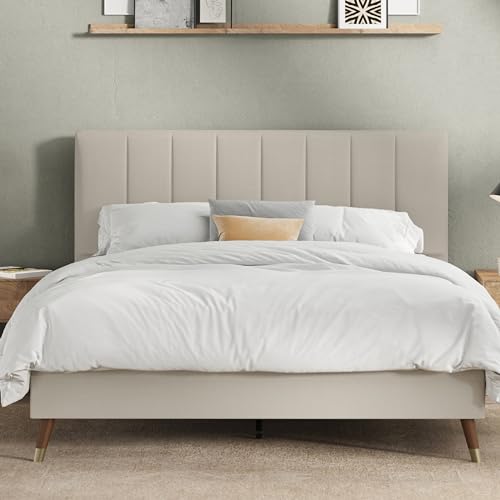 DG Casa Collette Mid Century Modern Tufted Upholstered Platform Bed Frame with Vertical Channel Headboard and Full Wooden Slats, Box Spring Not Required - Queen Size in Beige Fabric