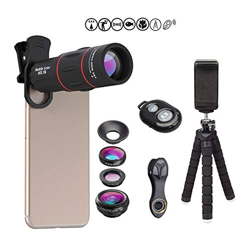 Phone Camera Lens Kit,4 in 1 Cell Phone Camera Lenses Kit - 18X Telescopic Lens + 198° Fisheye Lens + 0.36 Super Wide Angle Lens 15X Macro Lens
