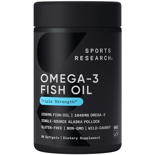 Sports Research Triple Strength Omega 3 Fish Oil - Burpless Fish Oil Supplement w/EPA & DHA Fatty Acids from Single-Source Wild Alaskan Pollock - 1250 mg, 90 ct