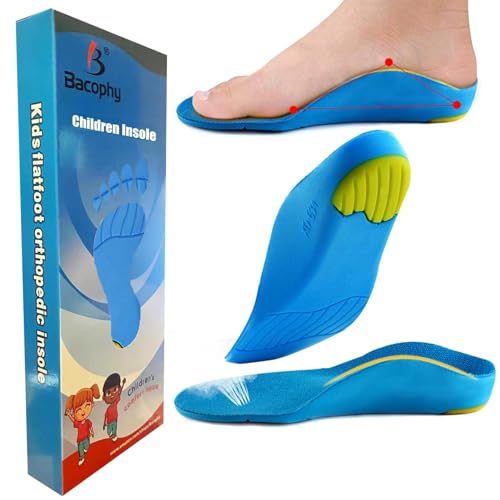 Bacophy Kids Orthotic Arch Support Shoe Insoles, Children Pu Cushioning Inserts, Shock Absorption Velvet Surfaces Deep Heel Cup Inner Sole for Flat Feet, Plantar Fasciitis, Feet Heel Pain Relief Blue