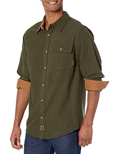 Legendary Whitetails Men's Flannel Shirt with Corduroy Cuffs - Fall & Winter Casual Button Down, Army, Medium