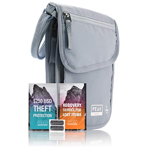 Peak Gear RFID Neck Wallet - The Orginal Travel Pouch with Adjustable Crossbody Strap + Theft Protection and Lost & Found Service | Gray
