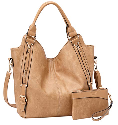 Women Tote Bag Handbags PU Leather Fashion Hobo Shoulder Bags with Adjustable Shoulder Strap (M, Apricot)