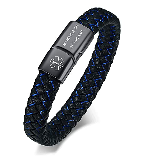 VNOX NO NEEDLE OR BP THIS ARM Medical Alert ID Blue&Black Braided Leather Black Cuff Bracelet