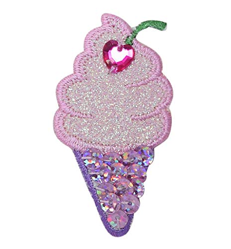 Ice Cream Cone, Pink and Purple Sequins with Jeweled Cherry, Embroidered Iron on Patch (2-1/4' Ice Cream)