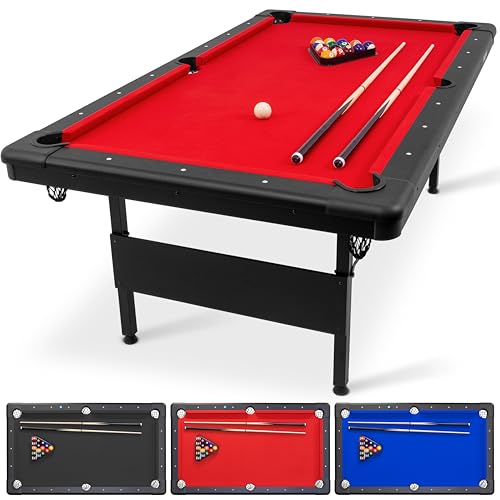 GoSports 7 ft Billiards Table - Portable Pool Table - Includes Full Set of Balls, 2 Cue Sticks, Chalk, and Felt Brush - Black, Red