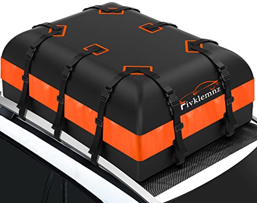 FIVKLEMNZ Car Rooftop Cargo Carrier Roof Bag Waterproof for All Top of Vehicle with/Without Rack Includes Topper Anti-Slip Mat + Reinforced Straps + 6 Door Hooks + Luggage Lock (21 Cubic Feet)