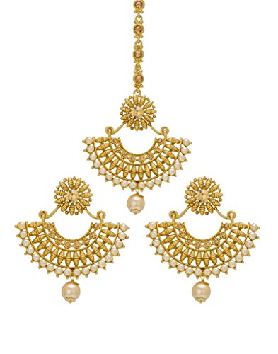 Bindhani Faux Pearl Drop Half Moon Shaped Head Piece Maang Tikka With Indian Earrings For Women (Gold)