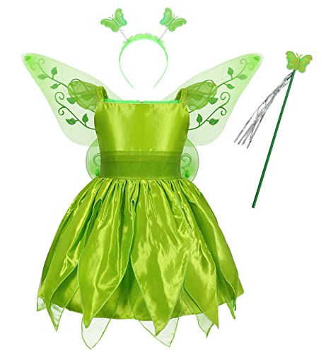 Jurebecia Tinkerbell Costume for Toddler Girls Halloween Birthday Party Dress up Outfit Christmas Princess Fancy Theme Party Dress Cosplay with Tinkerbell Wings Green Size 4T/3-4Years