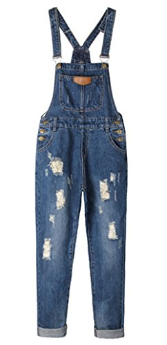 AvaCostume Women's Adjustable Strap Ripped Denim Overalls DarkBlue M