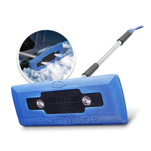 Snow Joe SJBLZD-LED 4-in-1 Telescoping Snow Broom + Ice Scraper, 18-Inch Foam Head, Headlights, Blue