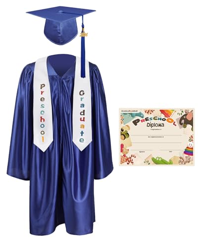 GraduationMall Preschool Graduation Cap Gown Stole Package with 2024 Tassel, Certificate Royal Small 27(3'6'-3'8')