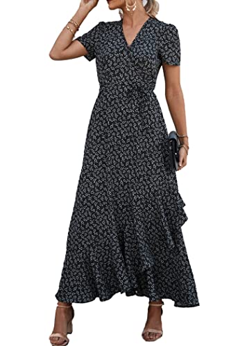 PRETTYGARDEN Women's Summer Wrap Maxi Dress Casual Boho Floral V Neck Short Sleeve Ruffle Hem Split Beach Long Dresses (Black,X-Large)