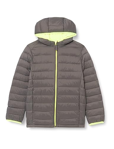 Amazon Essentials Boys' Lightweight Water-Resistant Packable Hooded Puffer Coat, Dark Grey Neon Yellow, Large