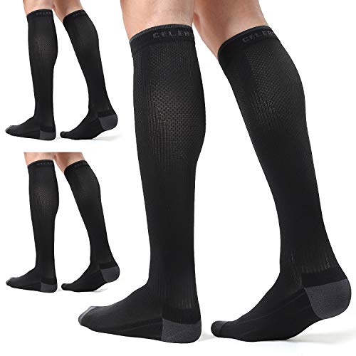 CelerSport 3 Pairs Compression Socks for Men and Women 20-30 mmHg Running Support Soccer Socks, Black (3 Pack), Large/X-Large