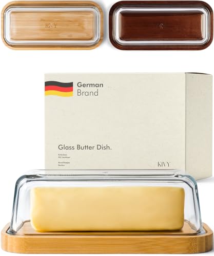KIVY Glass butter dish with airtight lid that keeps butter soft - For countertop and refrigerator door shelf - Butter tray with lid fridge - Butter holder for counter - Covered butter dishes with lid