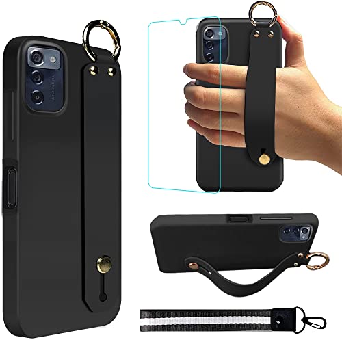 Case for Consumer Cellular ZMAX 5G ZTE Z7540 Phone Case Wrist Strap Stand Bracelet Case with Tempered Glass Screen Protector Silicone Shockproof Protective Cover Wristband Phone Case - Black