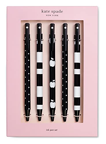 Kate Spade New York Black Ink Pen Set of 5, Cute Plastic Click Pens, Dots and Stripes