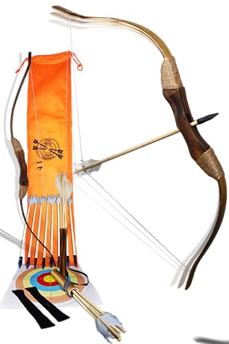 FSFF Enhanced Wooden Bow and Arrow for Kids 2-Bows 2-Four Arrow quivers 16-Arrows w/ Feathers 10-Large Targets & 2-armguards Great Archery Set for Youth boy / Girl Beginner Archery Set for Kids