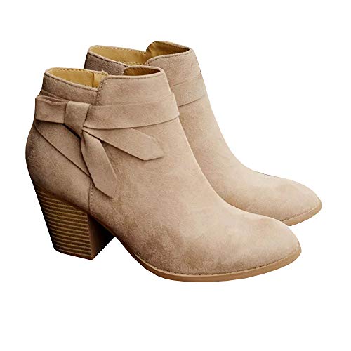 PiePieBuy Women's Tie Knot Chelsea Pump Ankle Boots Closed Toe Stacked Heel Booties Shoes