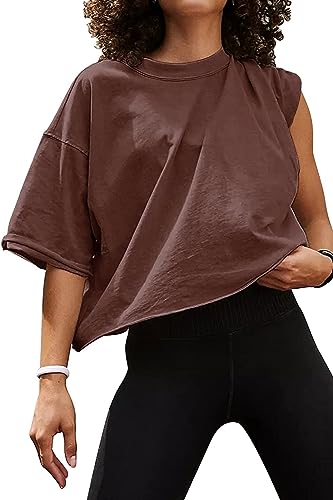 Carpetcom Oversized Workout Shirts for Women Short Sleeve Drop Shoulder Soft Basic Crop Tops Baggy Gym Yoga Sport Tee Earthy
