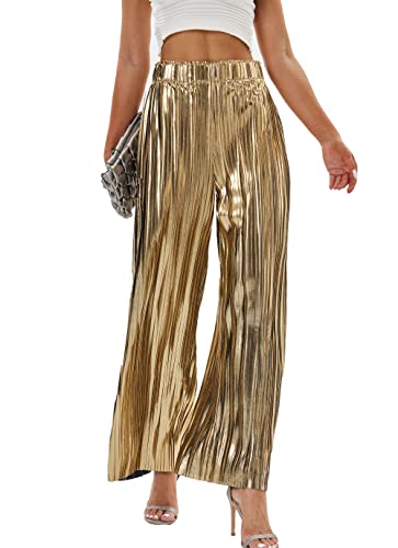 heipeiwa Women's Shiny Pleated Wide Leg Pants Party Nightout High Elastic Waist Trouser Outfit Clubwear Gold