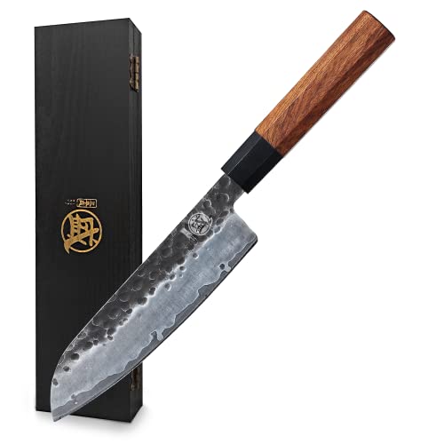 MITSUMOTO SAKARI 7 inch Japanese Santoku Chef Knife, High Carbon Stainless Steel Kitchen Cooking Knife, Professional Hand Forged Chef's Knives (Rosewood Handle & Gift Box)